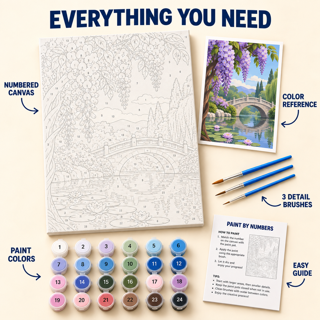 Wisteria Bridge paint by numbers kit with numbered canvas, 24 colors, brushes and guide