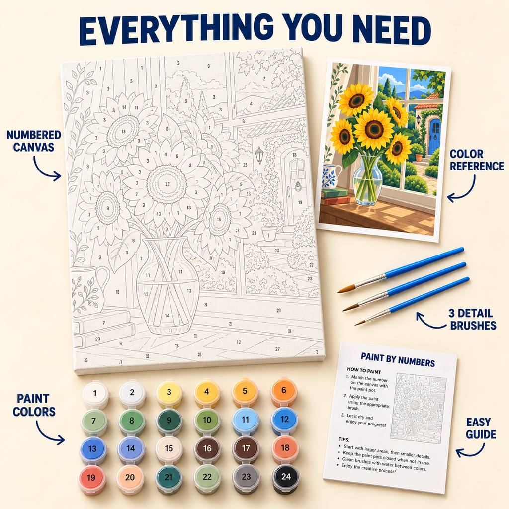Sunny Window Sunflowers paint by numbers kit with numbered canvas, 24 colors, brushes and guide