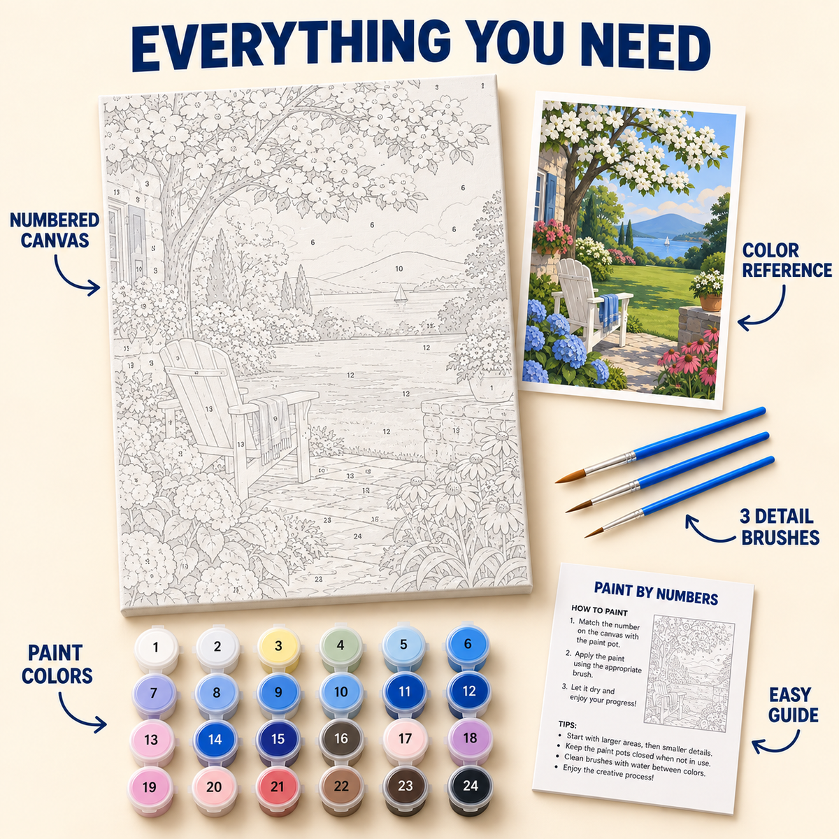 Lakeside Garden Chair paint by numbers kit with numbered canvas, 24 colors, brushes and guide