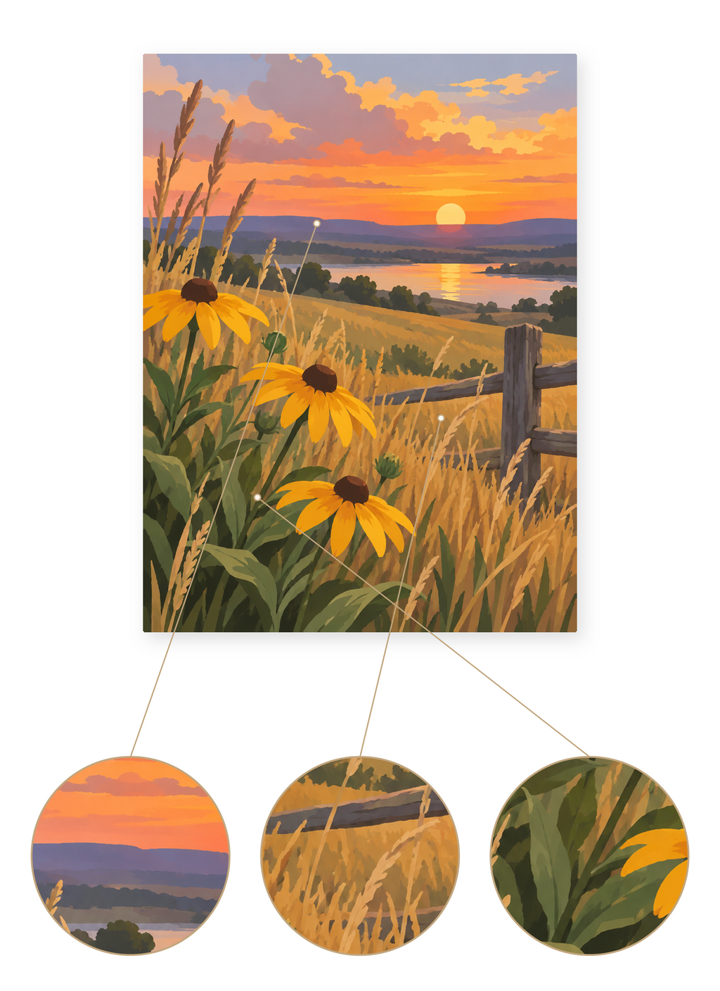 Golden Prairie Sunset finished artwork detail