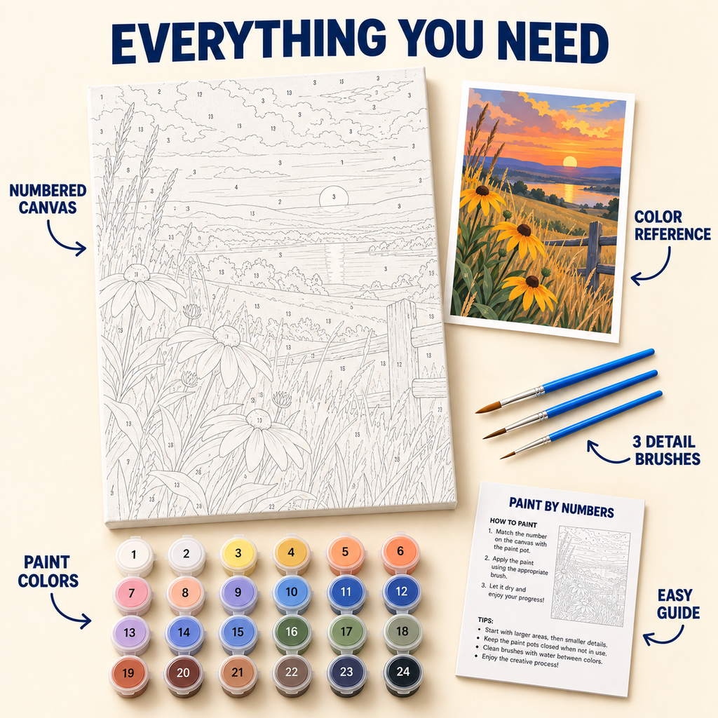 Golden Prairie Sunset paint by numbers kit with numbered canvas, 24 colors, brushes and guide