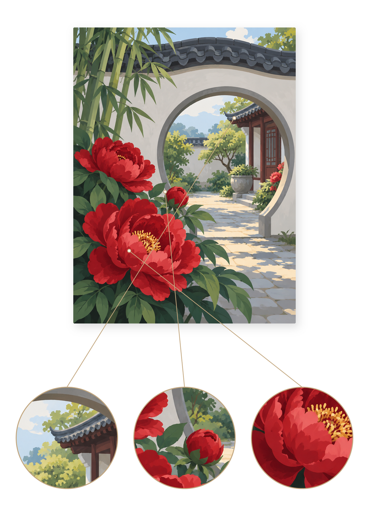 Moon Gate Peonies finished artwork detail