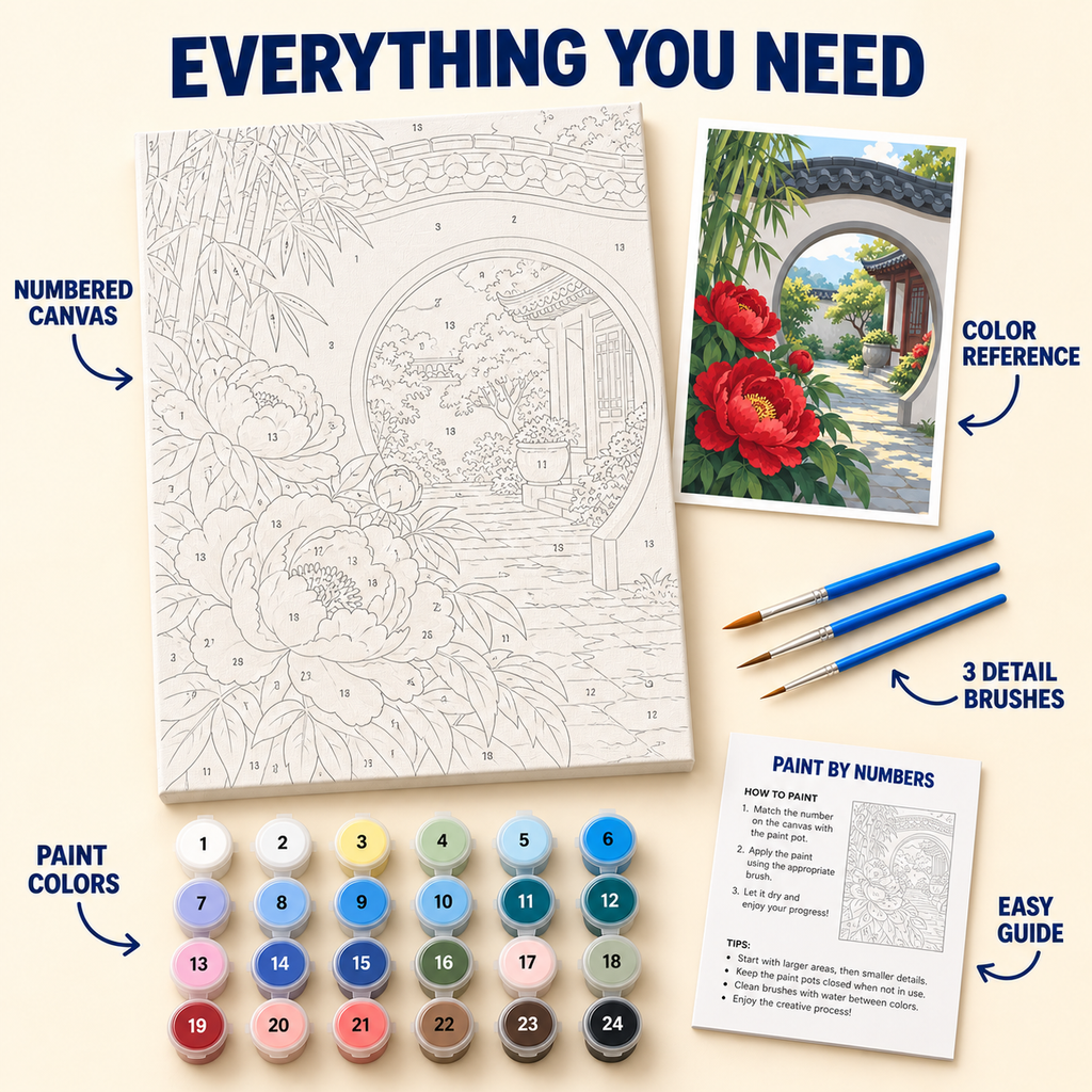 Moon Gate Peonies paint by numbers kit with numbered canvas, 24 colors, brushes and guide
