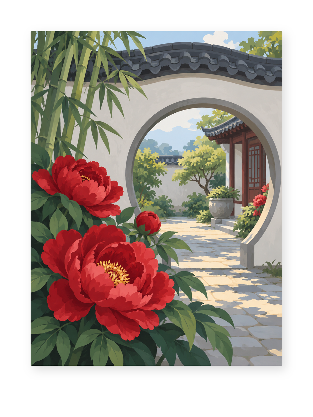 Moon Gate Peonies paint by numbers artwork for adults
