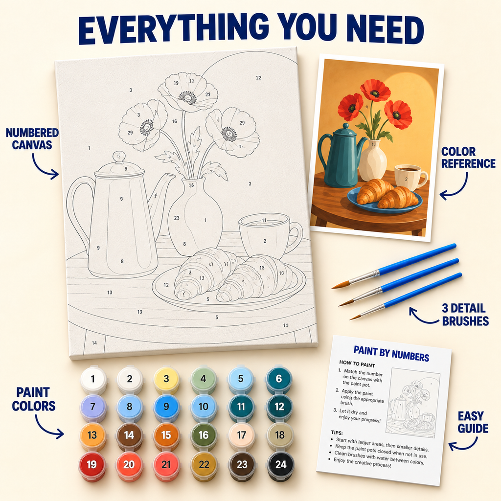 Poppy Breakfast paint by numbers kit with numbered canvas, 24 colors, brushes and guide
