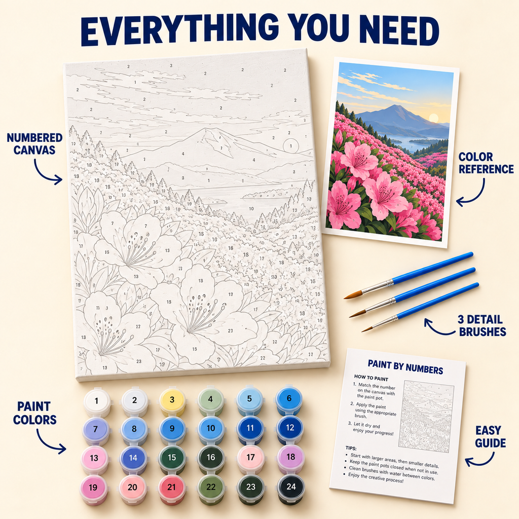 Azalea Mountain View paint by numbers kit with numbered canvas, 24 colors, brushes and guide