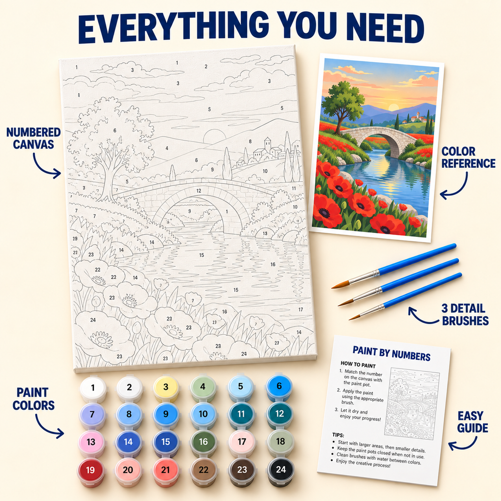 Poppy River Bridge paint by numbers kit with numbered canvas, 24 colors, brushes and guide