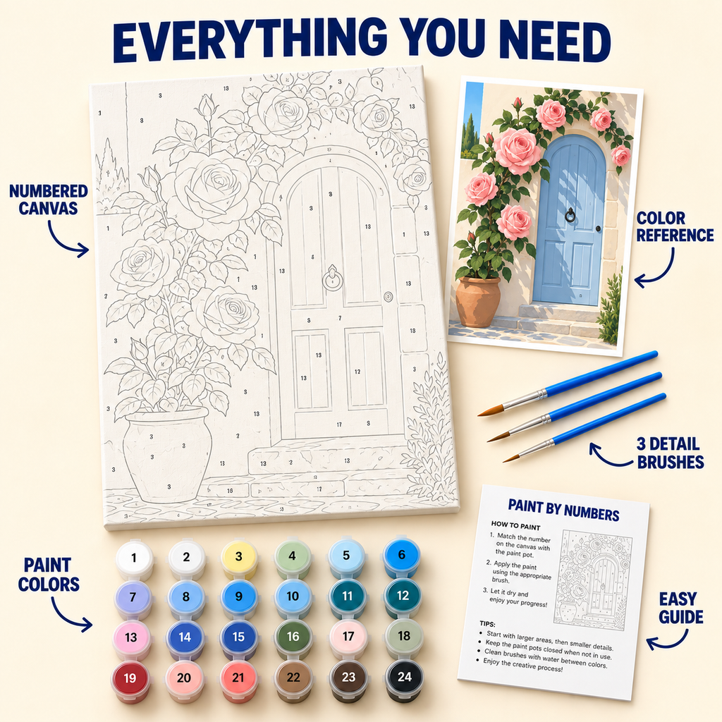 Rose Framed Door paint by numbers kit with numbered canvas, 24 colors, brushes and guide