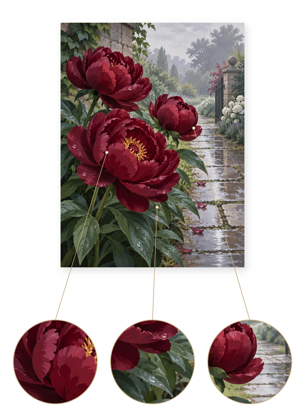 Rainy Crimson Peonies finished artwork detail