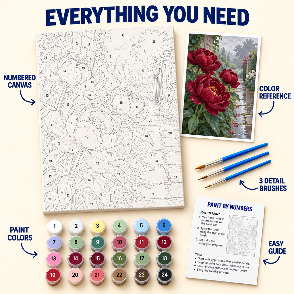 Rainy Crimson Peonies paint by numbers kit with numbered canvas, 24 colors, brushes and guide