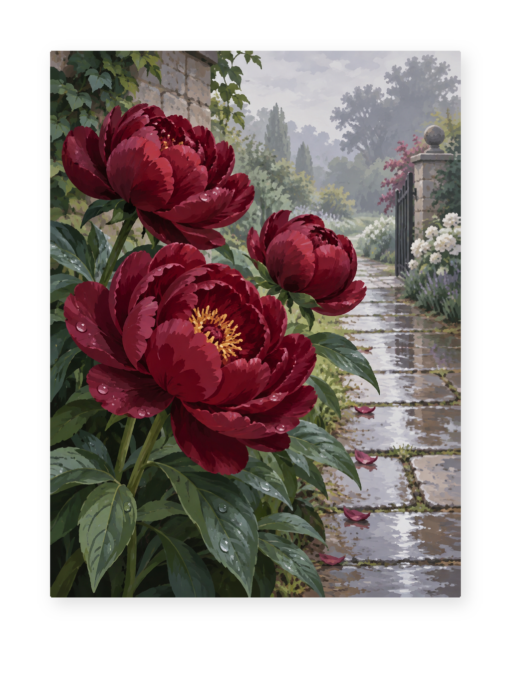 Rainy Crimson Peonies paint by numbers artwork for adults