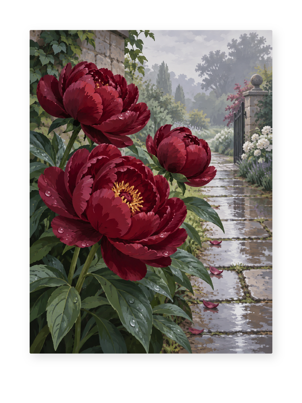 Rainy Crimson Peonies paint by numbers artwork for adults