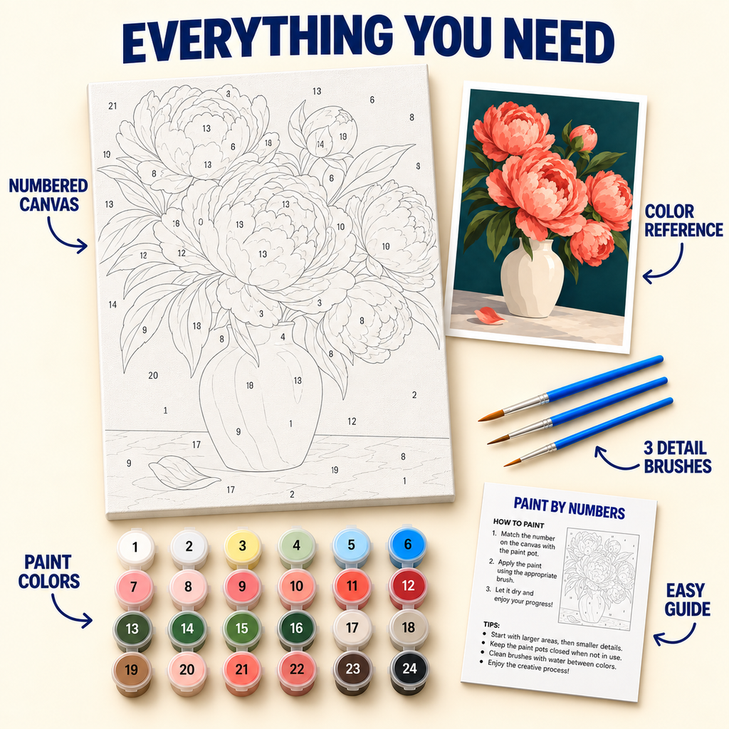 Coral Peony Vase paint by numbers kit with numbered canvas, 24 colors, brushes and guide