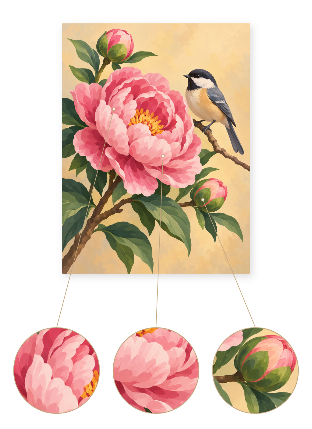 Peony Songbird finished artwork detail