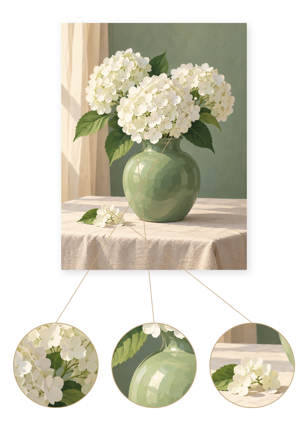 White Hydrangea Vase finished artwork detail