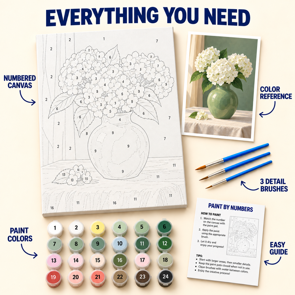White Hydrangea Vase paint by numbers kit with numbered canvas, 24 colors, brushes and guide