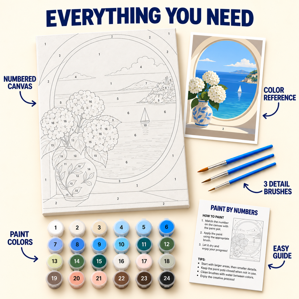 Ocean Window Hydrangeas paint by numbers kit with numbered canvas, 24 colors, brushes and guide