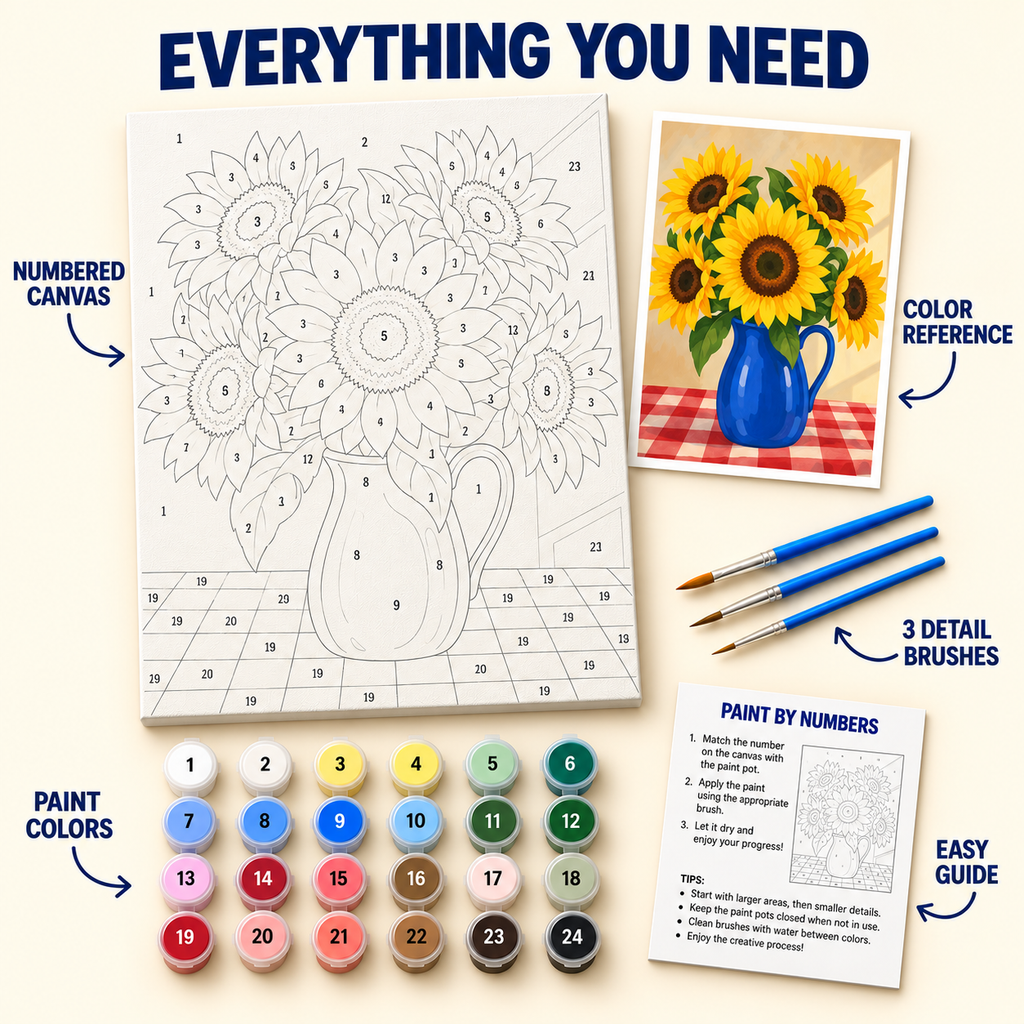 Sunflower Blue Pitcher paint by numbers kit with numbered canvas, 24 colors, brushes and guide