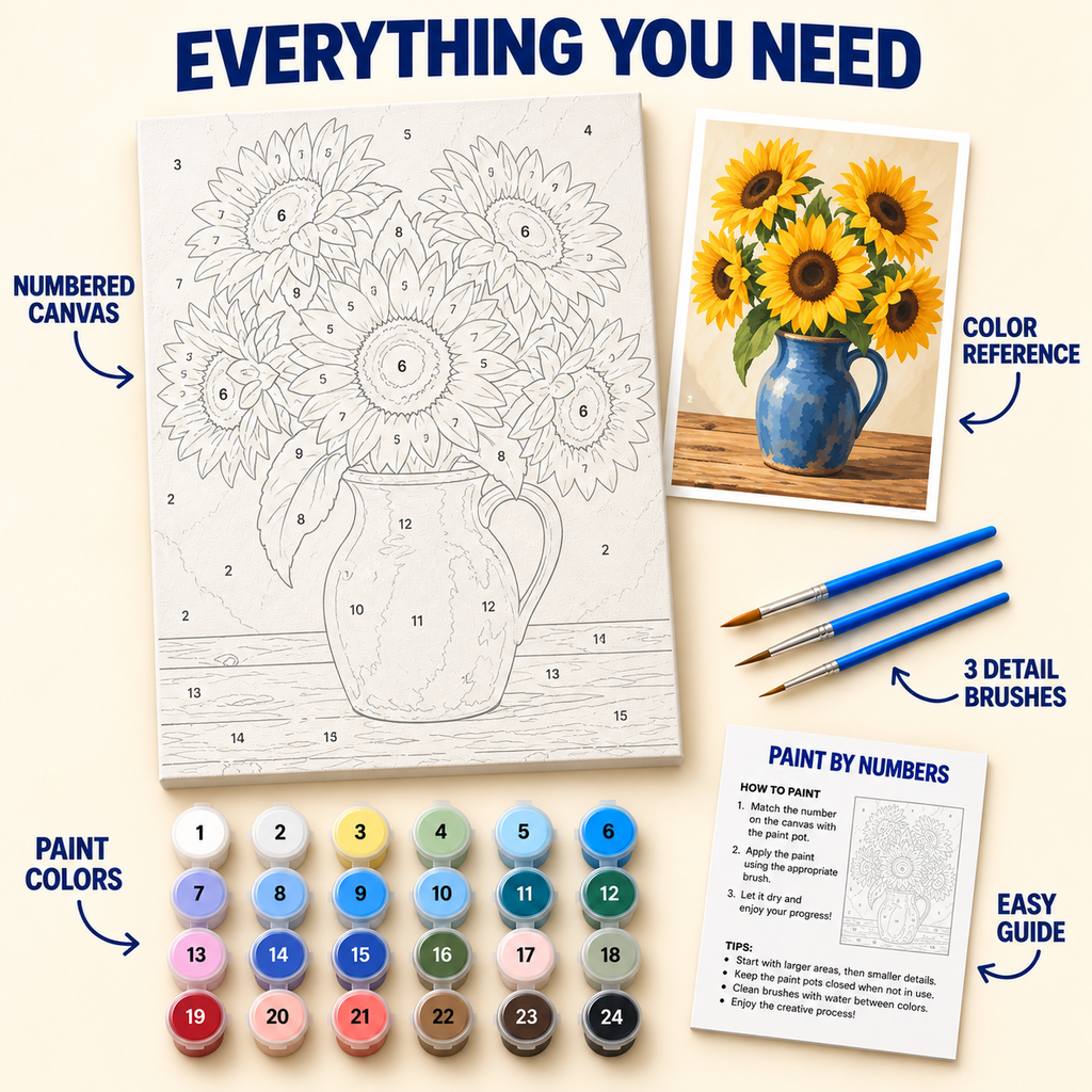 Rustic Sunflower Vase paint by numbers kit with numbered canvas, 24 colors, brushes and guide