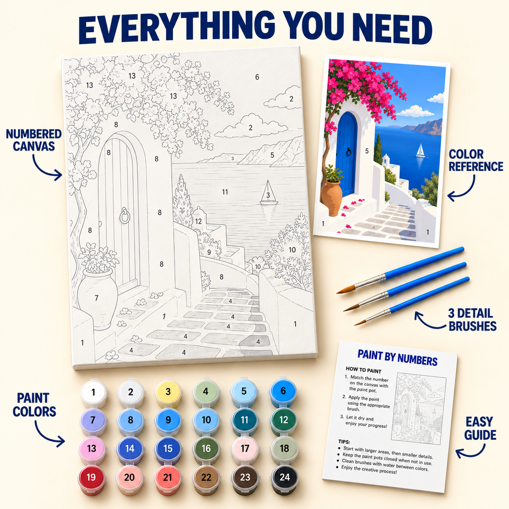 Santorini Blue Door paint by numbers kit with numbered canvas, 24 colors, brushes and guide
