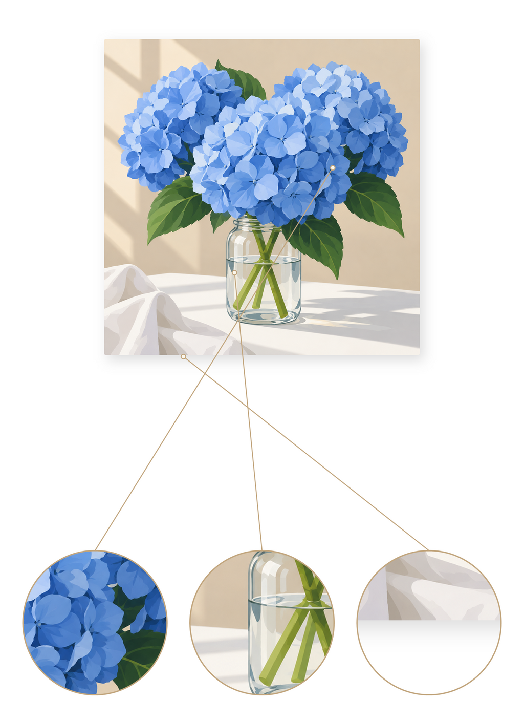 Blue Hydrangeas finished artwork detail