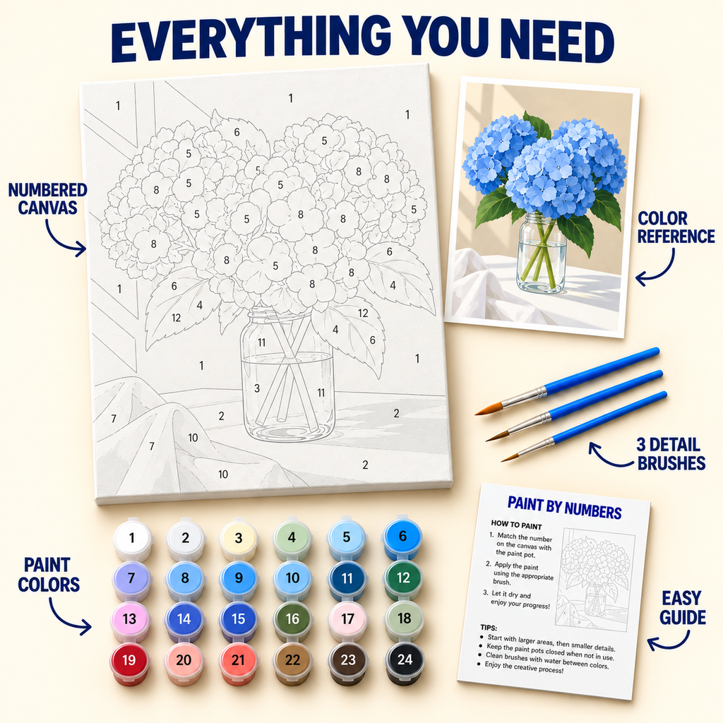 Blue Hydrangeas paint by numbers kit with numbered canvas, 24 colors, brushes and guide