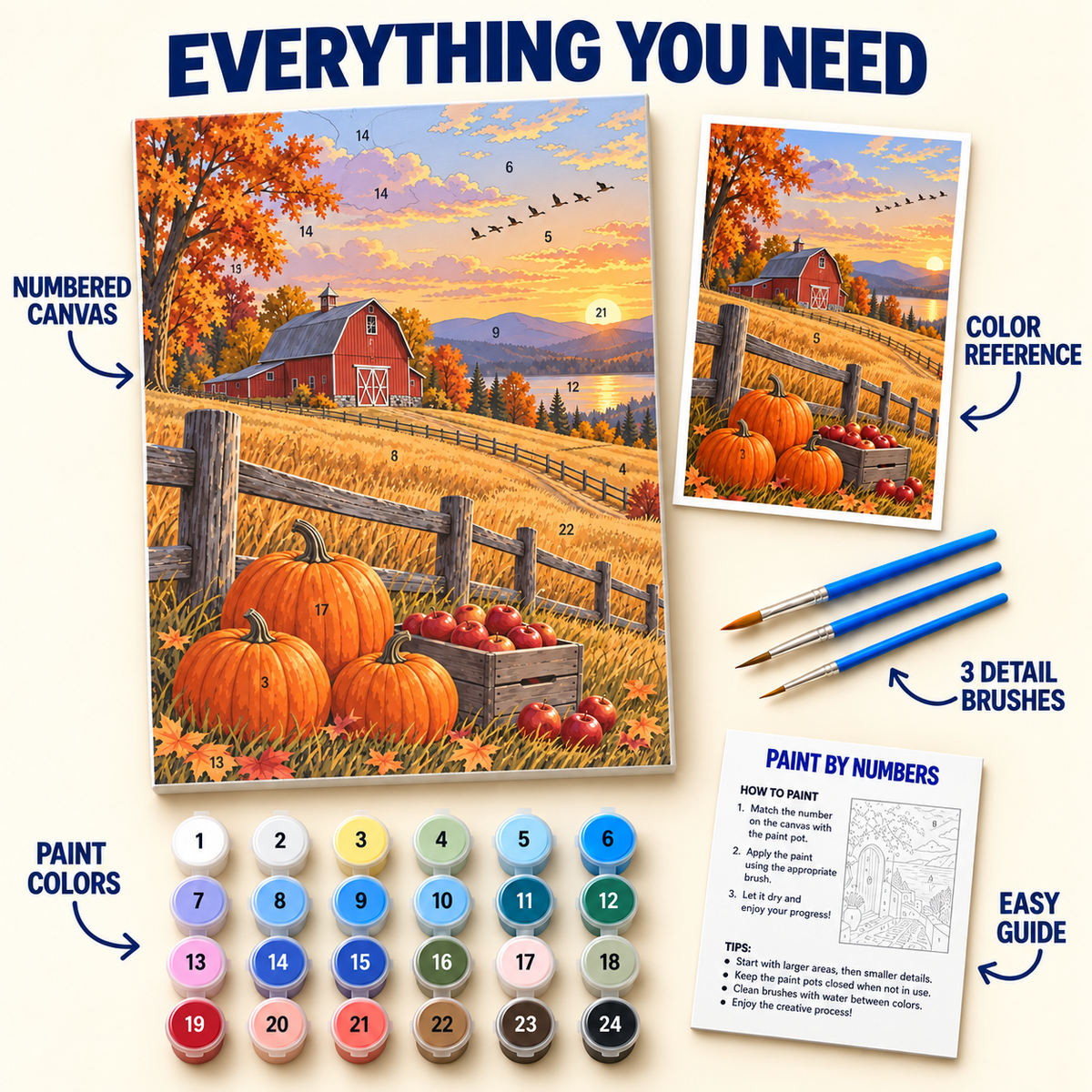 Autumn Harvest Barn paint by numbers kit with numbered canvas, 24 colors, brushes and guide