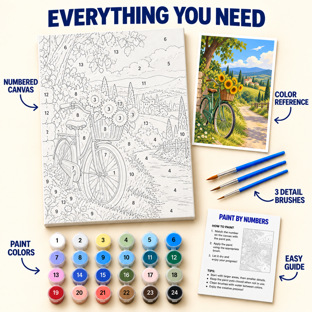 Sunflower Bicycle Path paint by numbers kit with numbered canvas, 24 colors, brushes and guide