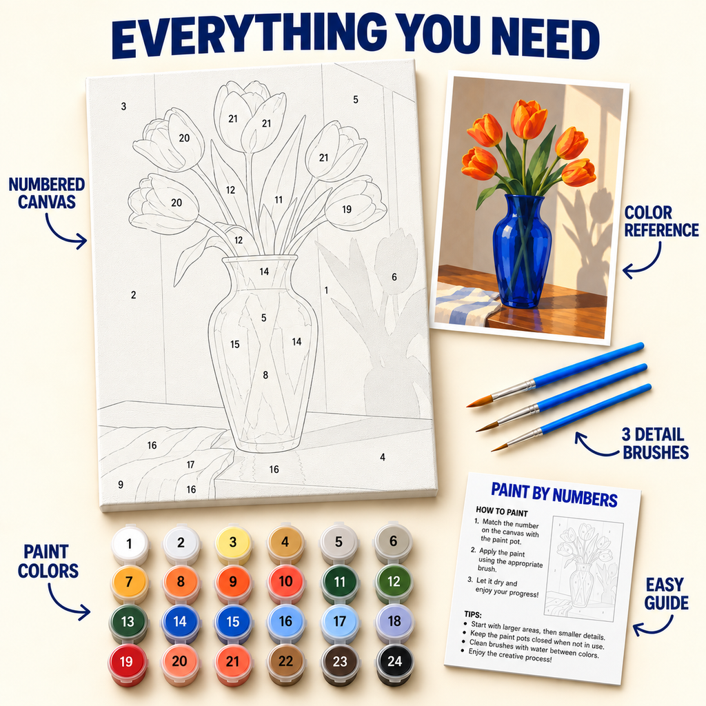 Orange Tulip Vase paint by numbers kit with numbered canvas, 24 colors, brushes and guide