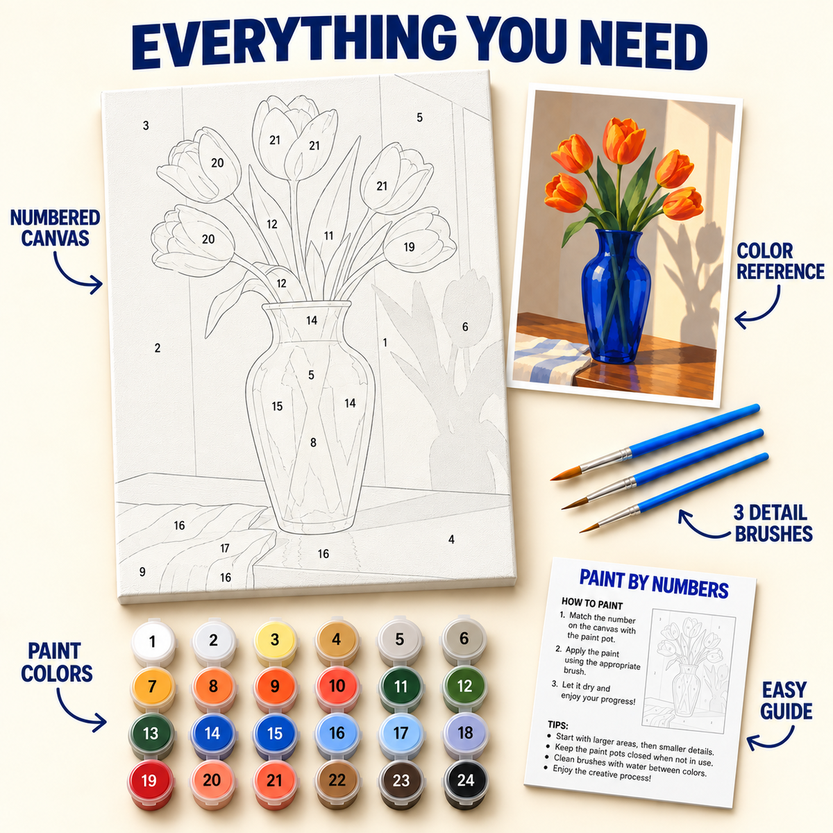 Orange Tulip Vase paint by numbers kit with numbered canvas, 24 colors, brushes and guide