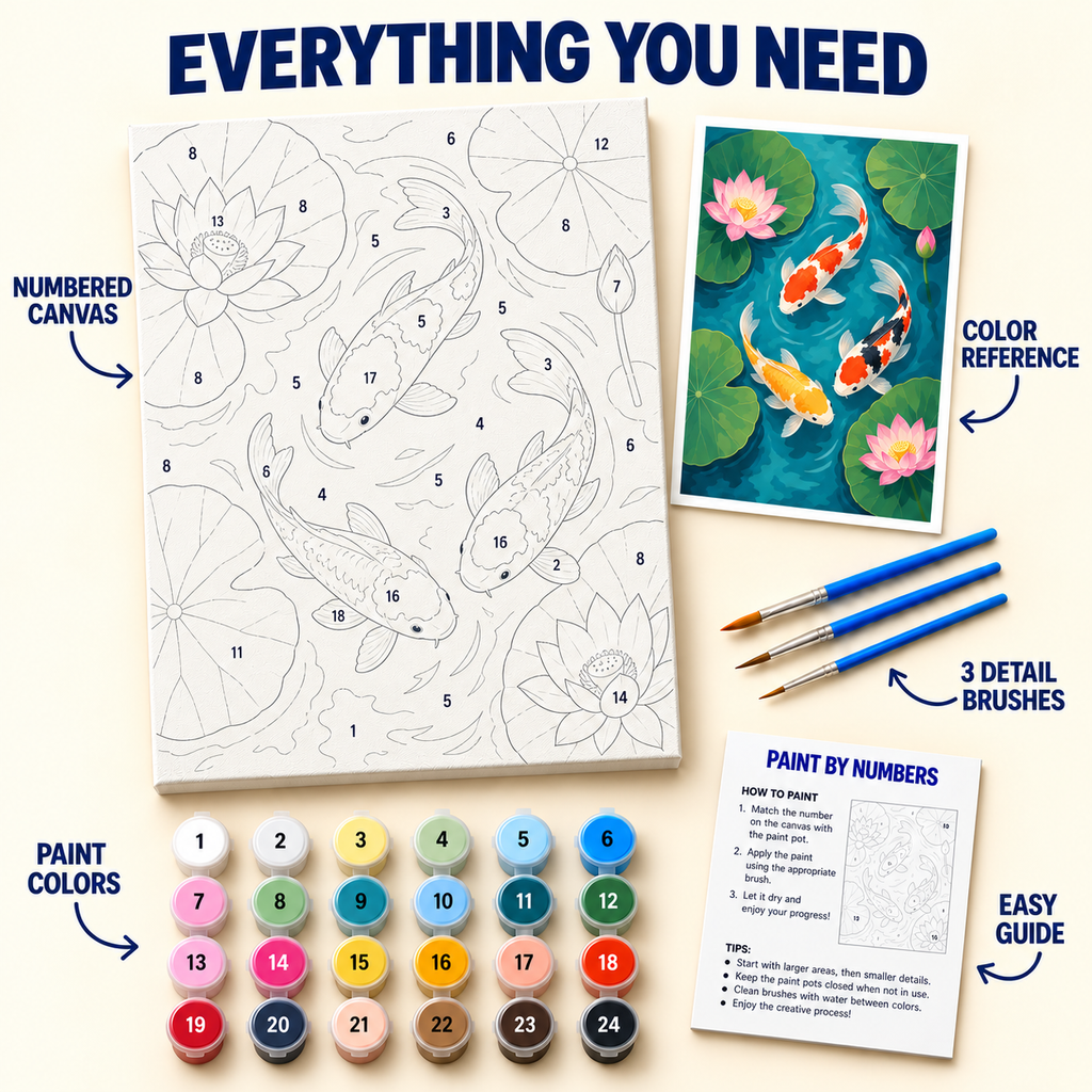Koi Lotus Pond paint by numbers kit with numbered canvas, 24 colors, brushes and guide