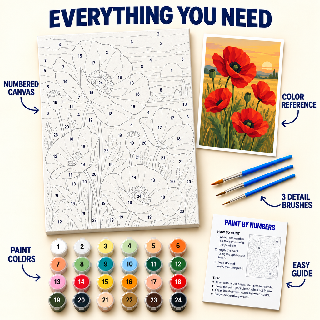 Sunset Poppy Field paint by numbers kit with numbered canvas, 24 colors, brushes and guide
