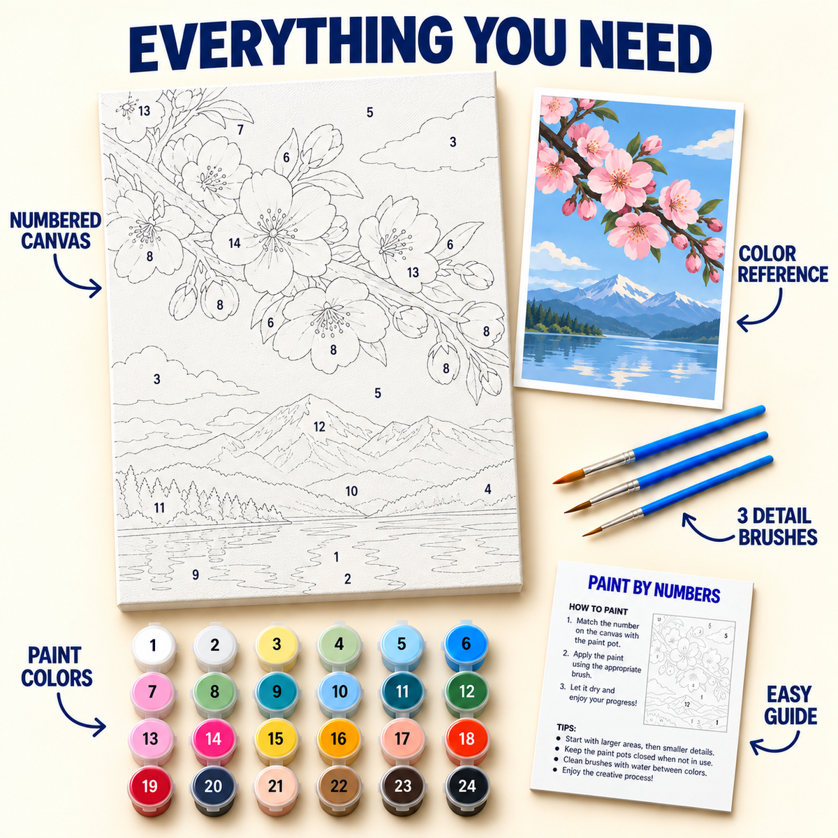 Cherry Blossom Mountain paint by numbers kit with numbered canvas, 24 colors, brushes and guide