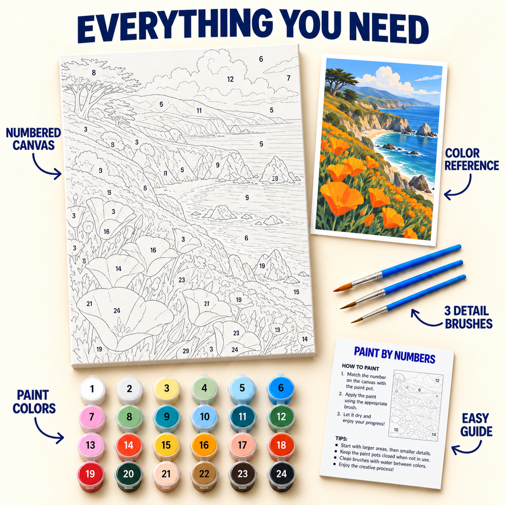 California Poppy Coast paint by numbers kit with numbered canvas, 24 colors, brushes and guide