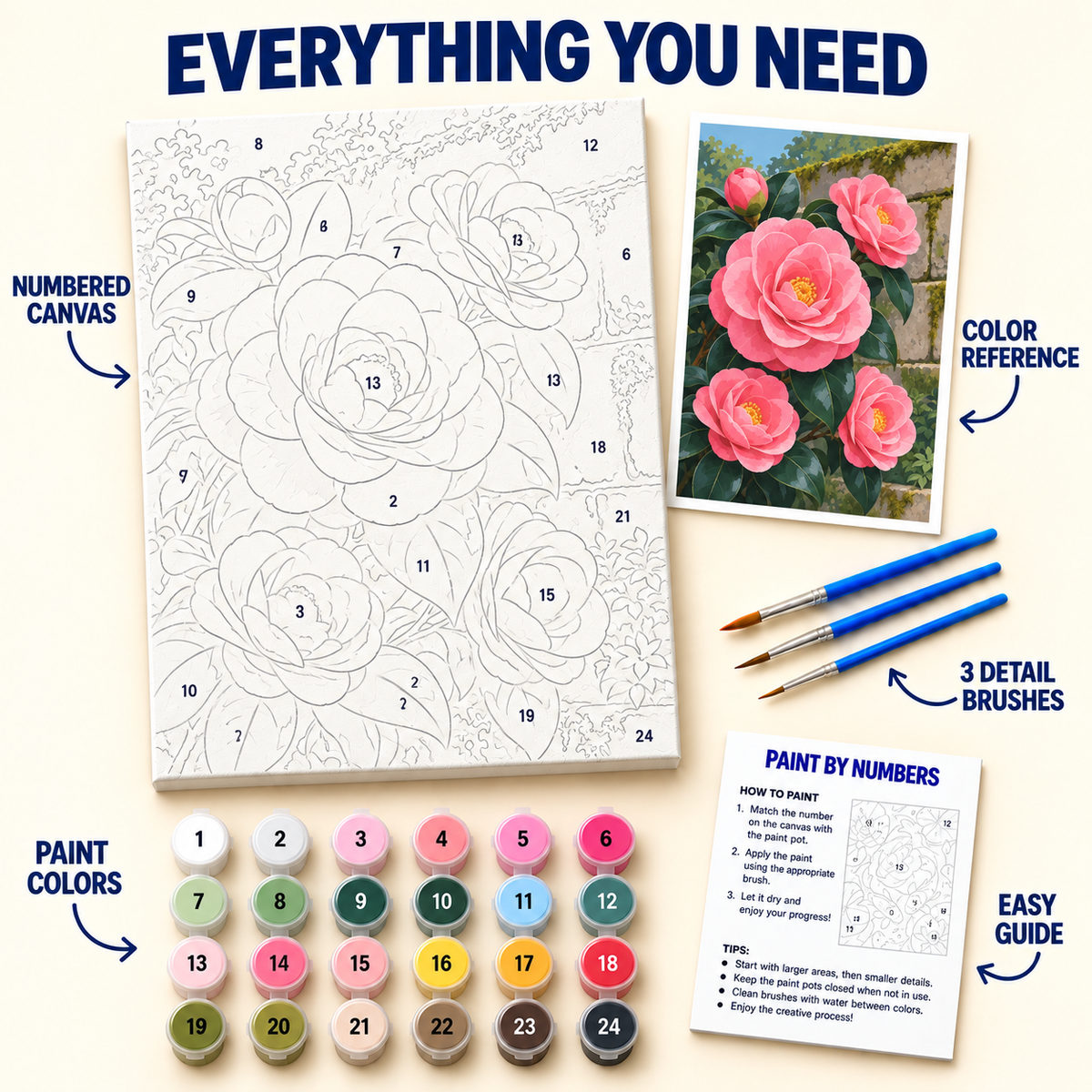 Camellia Wall paint by numbers kit with numbered canvas, 24 colors, brushes and guide