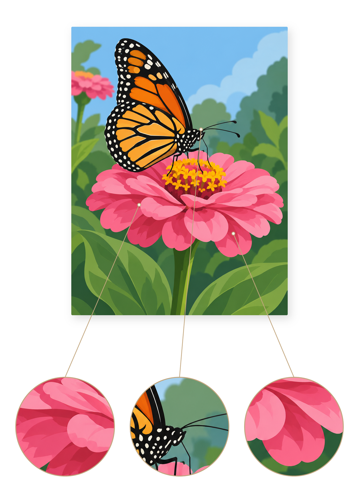 Monarch Zinnia finished artwork detail