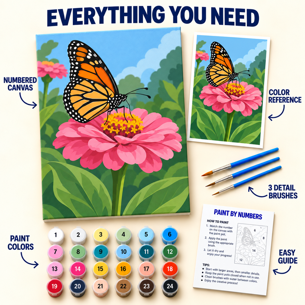 Monarch Zinnia paint by numbers kit with numbered canvas, 24 colors, brushes and guide
