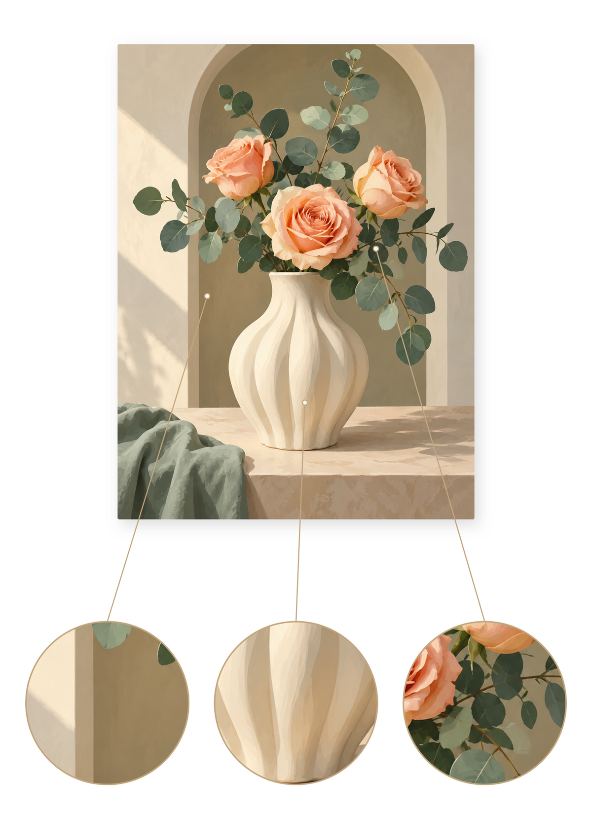 Peach Roses and Eucalyptus finished artwork detail