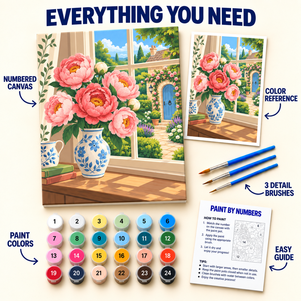 Garden Peony Window paint by numbers kit with numbered canvas, 24 colors, brushes and guide