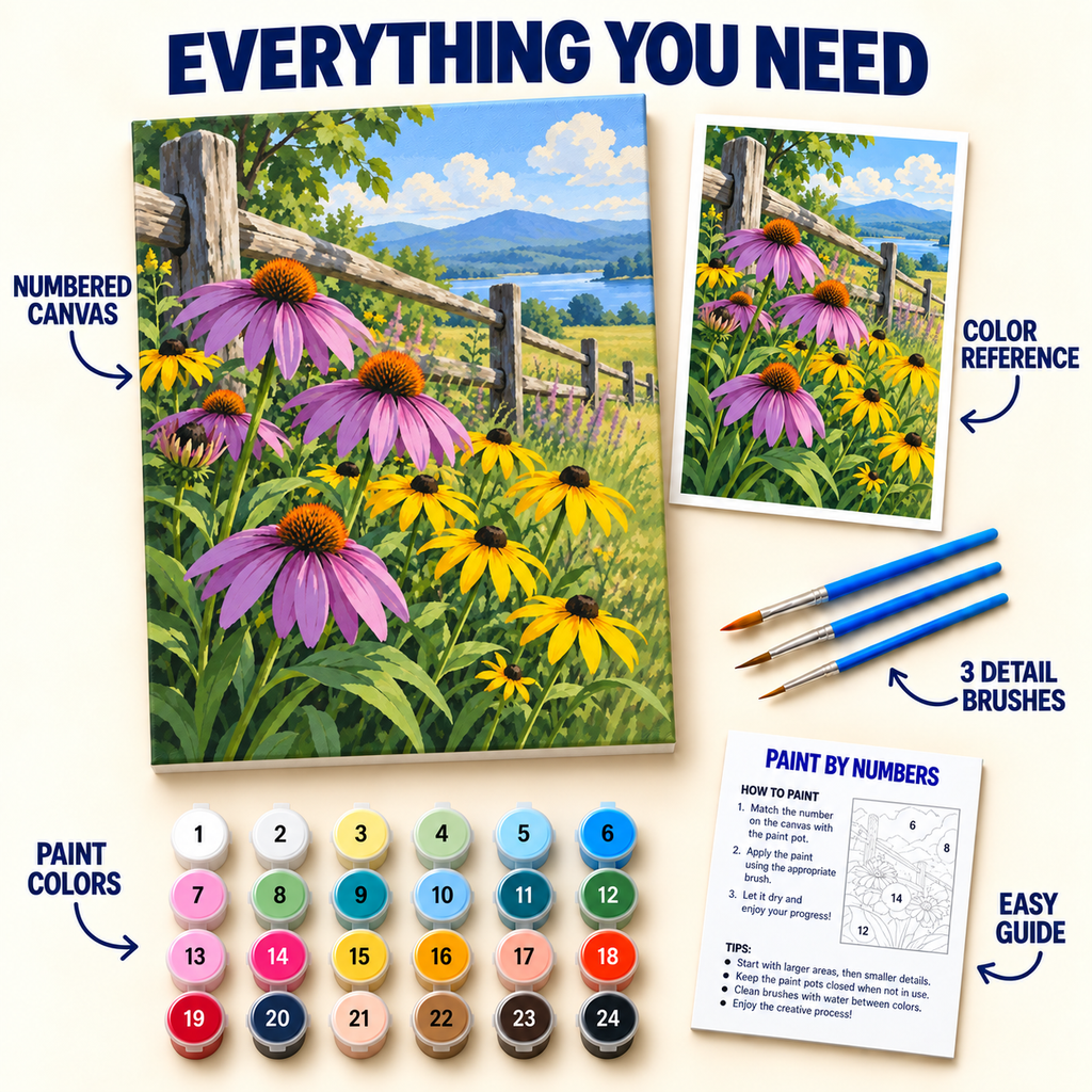 Coneflower Meadow paint by numbers kit with numbered canvas, 24 colors, brushes and guide