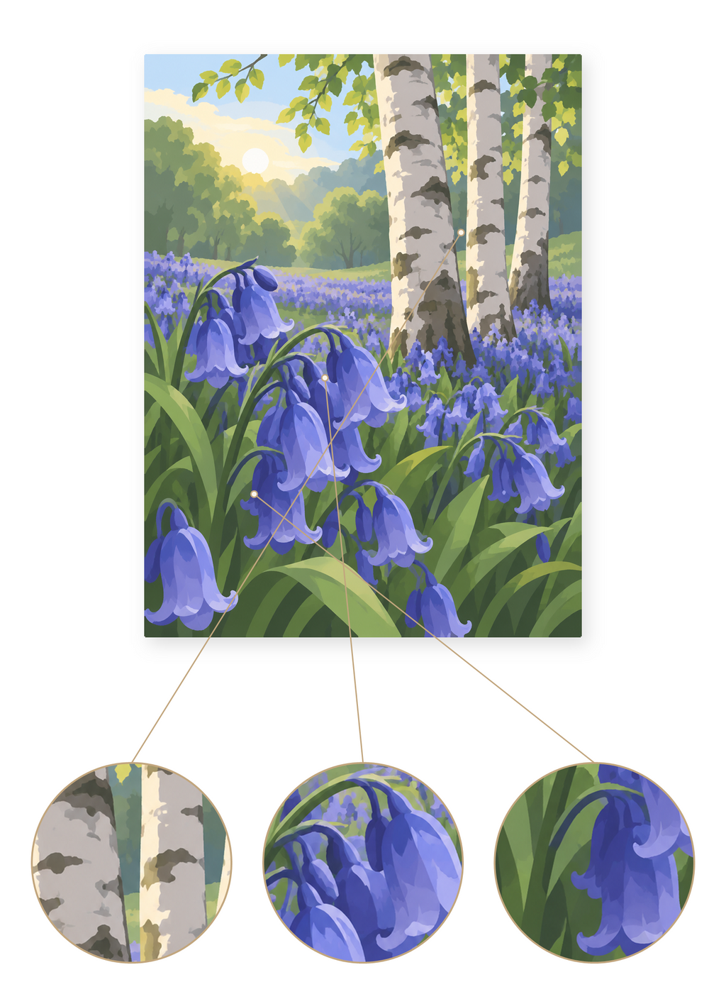 Bluebell Birch Sunrise finished artwork detail