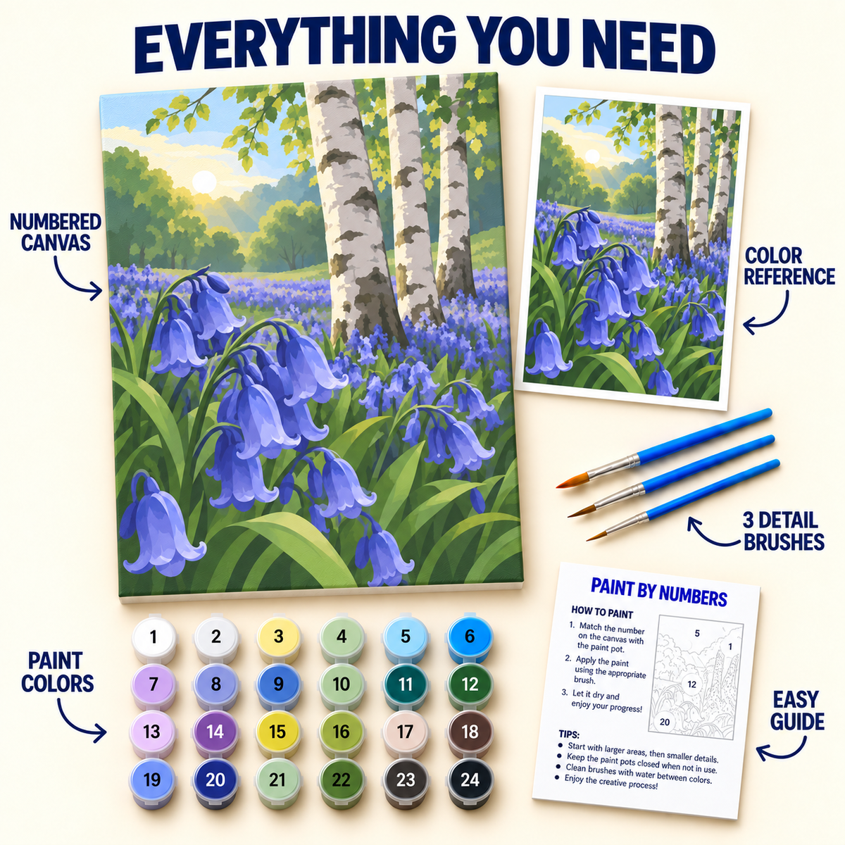 Bluebell Birch Sunrise paint by numbers kit with numbered canvas, 24 colors, brushes and guide