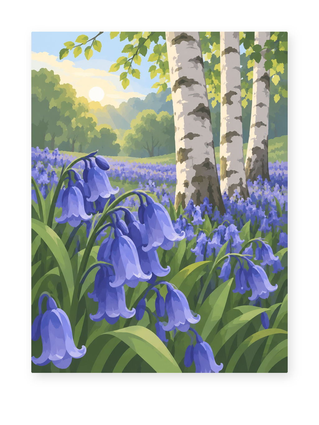 Bluebell Birch Sunrise paint by numbers artwork for adults