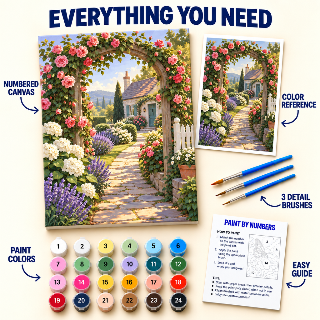 Rose Arbor Cottage paint by numbers kit with numbered canvas, 24 colors, brushes and guide