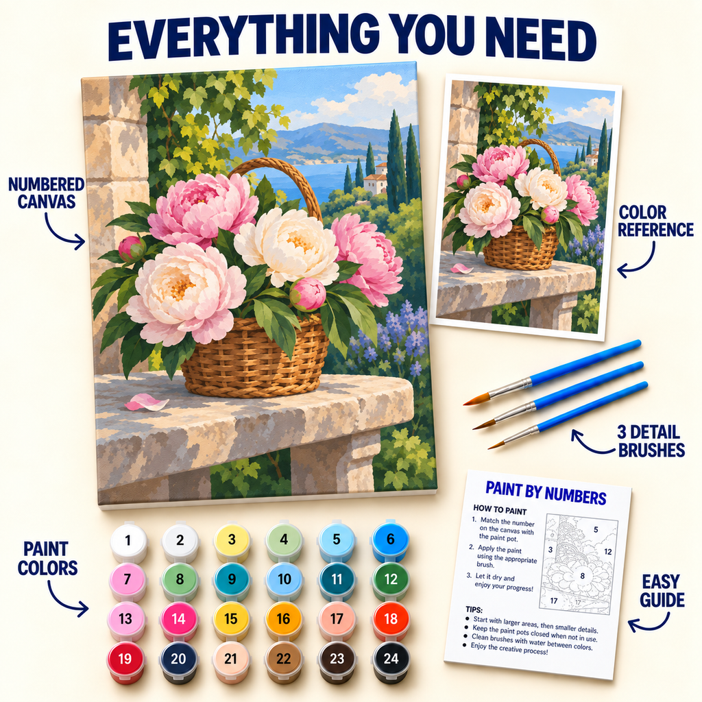 Peony Basket Terrace paint by numbers kit with numbered canvas, 24 colors, brushes and guide