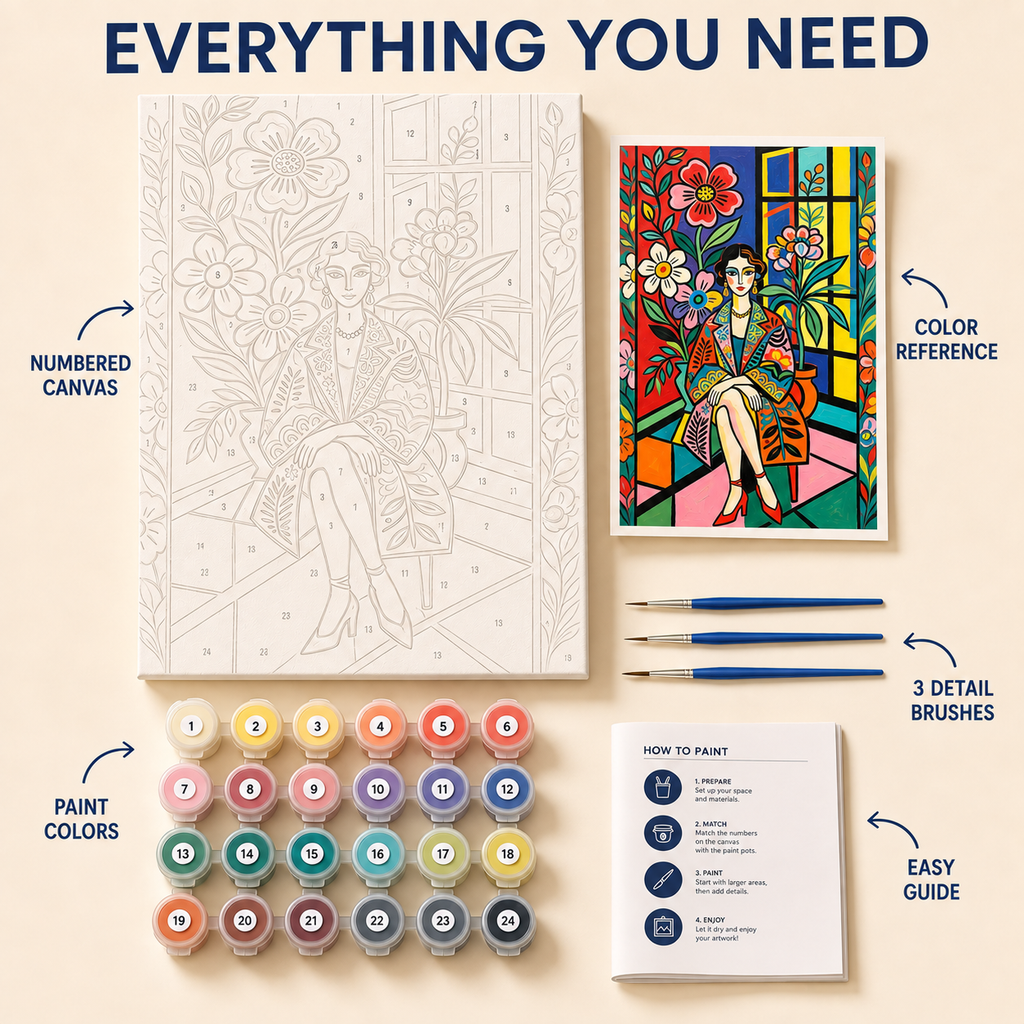 Floral Window Muse paint by numbers kit with numbered canvas, paints, brushes and guide