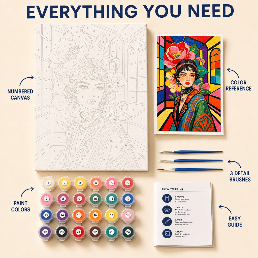 Stained Glass Muse paint by numbers kit with numbered canvas, paints, brushes and guide