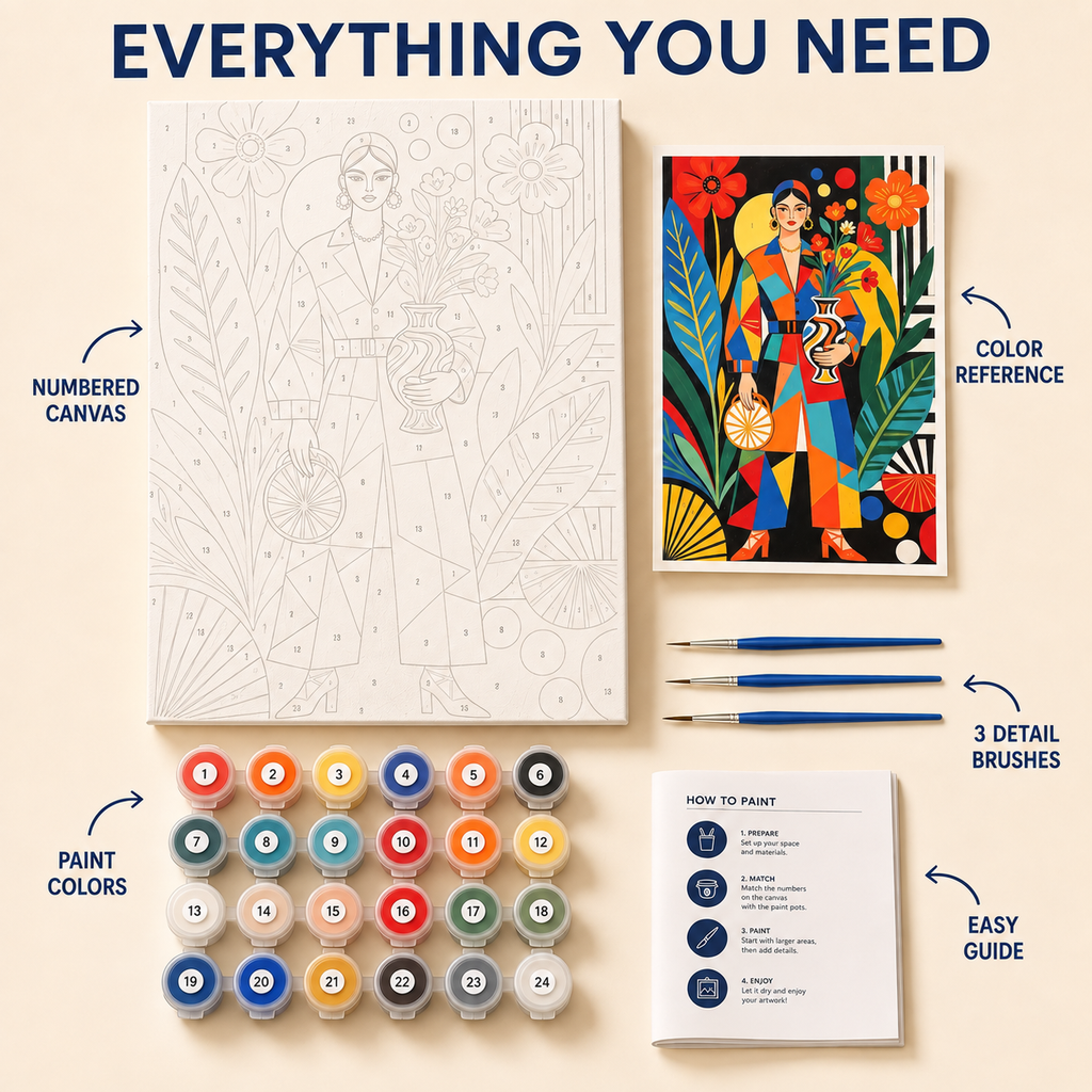 Modern Vase Muse paint by numbers kit with numbered canvas, paints, brushes and guide
