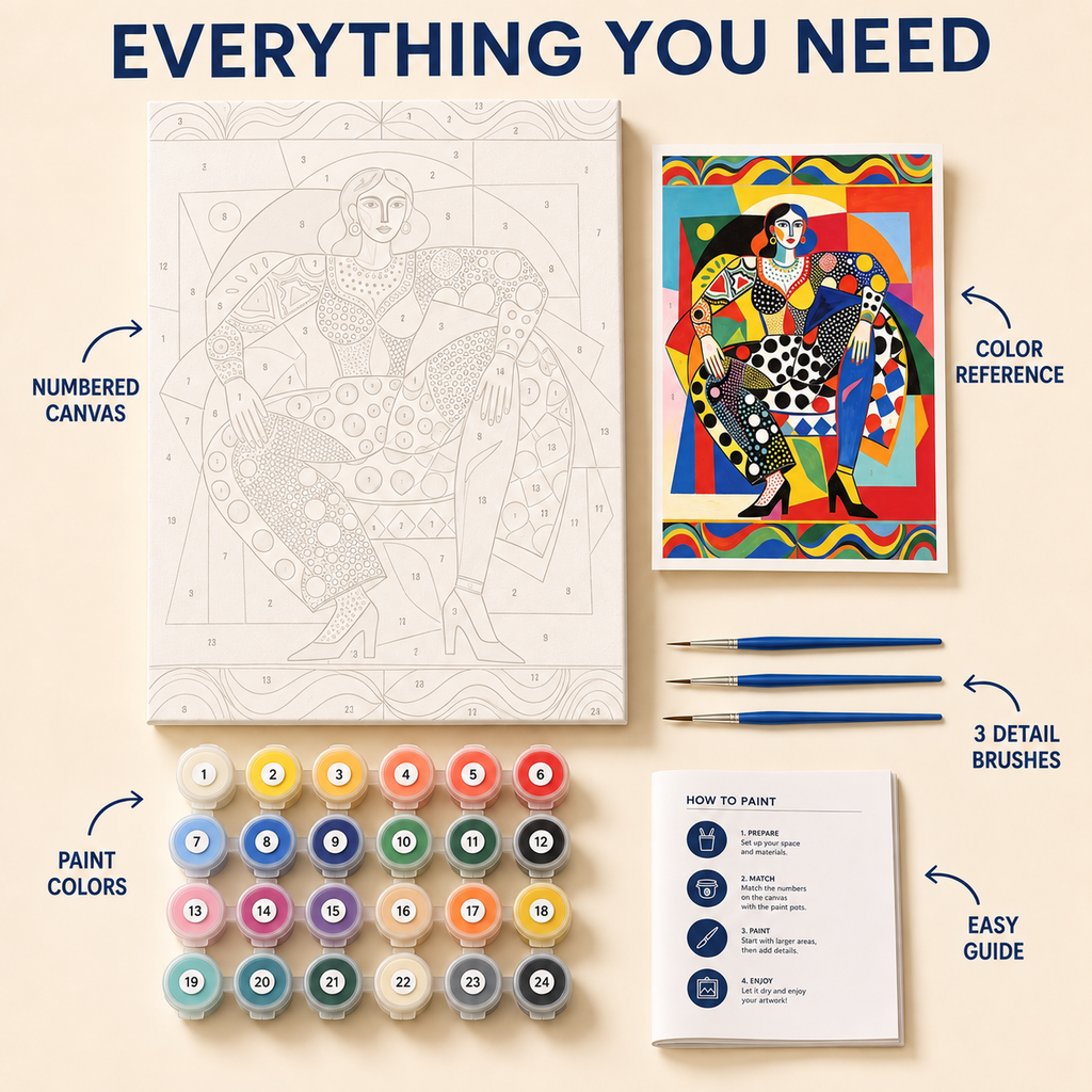 Geometric Elegance paint by numbers kit with numbered canvas, paints, brushes and guide