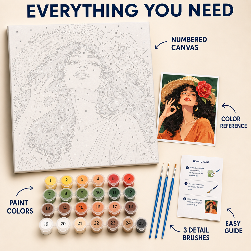 Sunlit Rose Muse paint by numbers kit with numbered canvas, paints, brushes and guide
